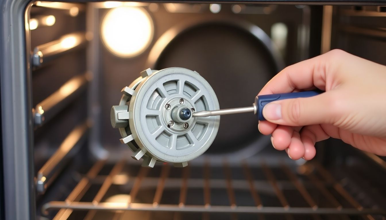 Defekter Lüftermotor eines Backofens wird ausgetauscht, Hände halten neuen Motor und Schraubendreher.