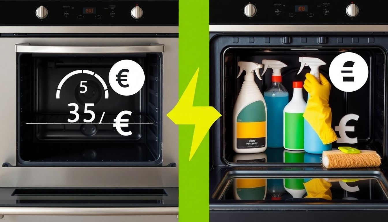 Vergleich der Backofenreinigung: Links Pyrolyse mit Stromzähler (3h Verbrauch) und Euro-Zeichen für Kosten. Rechts chemische Reiniger mit Putzutensilien und günstigerem Euro-Zeichen.