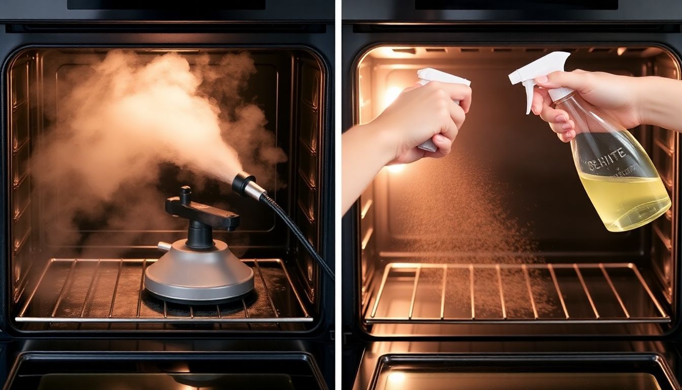 Vergleich zweier Methoden zur chemiefreien Reinigung eines Backofens: Links ein Dampfreiniger im Einsatz, rechts die Anwendung eines selbstgemachten Backofensprays.