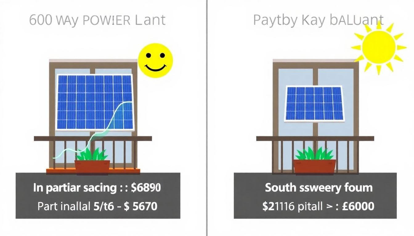 Infografik zur Amortisationszeit eines 600-Watt-Balkonkraftwerks: Vergleich Nordbalkon (längere Zeit, weniger Sonne) und Südbalkon (kürzere Zeit, volle Sonneneinstrahlung).