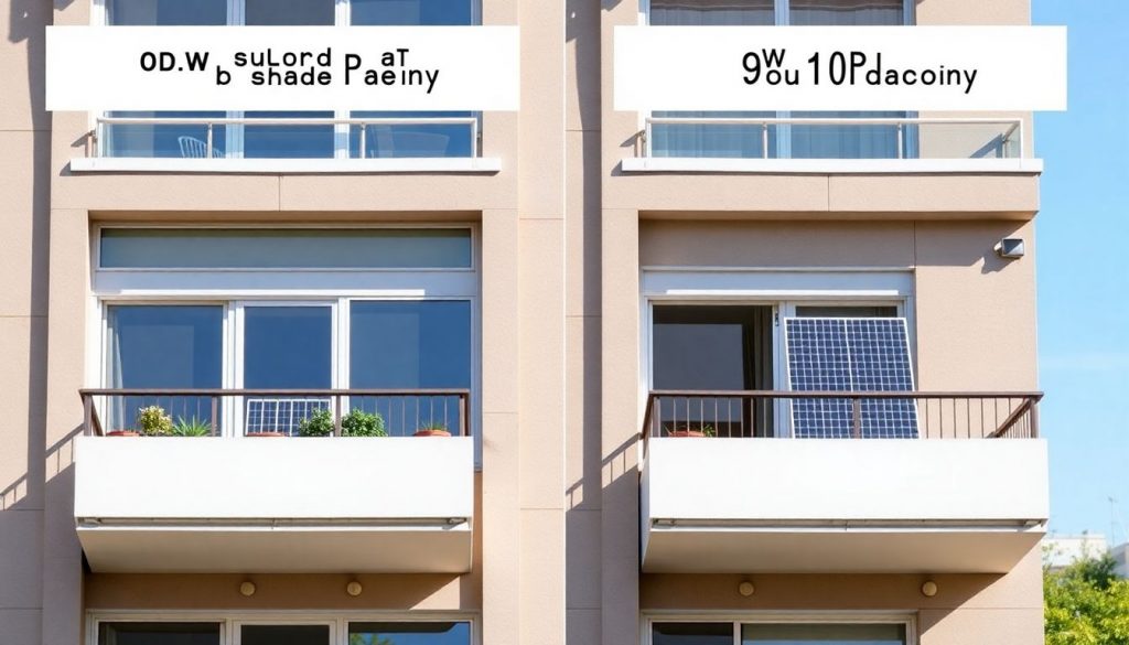 Grafische Darstellung eines Balkonkraftwerks mit 600 Watt auf einem sonnigen Südbalkon und einem schattigen Nordbalkon zur Veranschaulichung der Amortisationszeit.