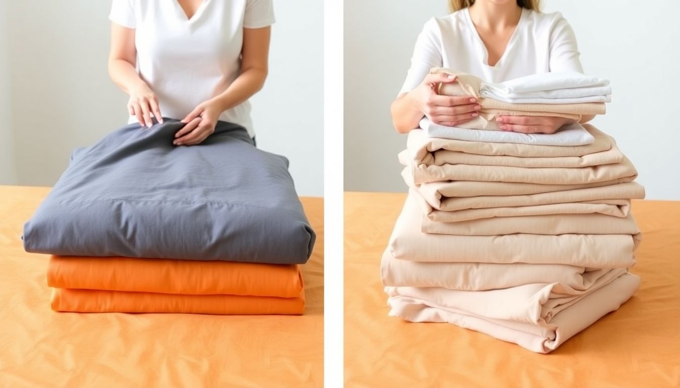 Eine Person faltet Bettwäsche platzsparend und ordentlich. Verschiedene Faltmethoden werden nebeneinander gezeigt, um den Vergleich zu veranschaulichen.
