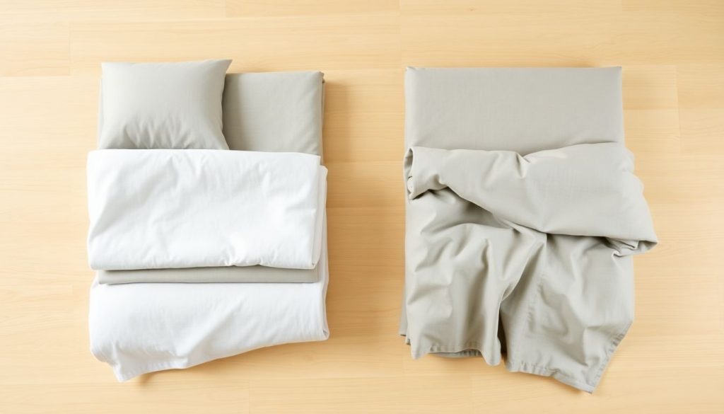 Verschiedene Methoden, Bettwäsche platzsparend zu falten, nebeneinander angeordnet auf einer Holzoberfläche