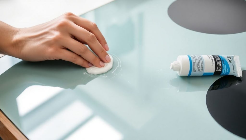 Nahaufnahme von Händen, die eine Spezialpaste auf Kratzer in einem Ceranfeld auftragen, um diese zu entfernen.