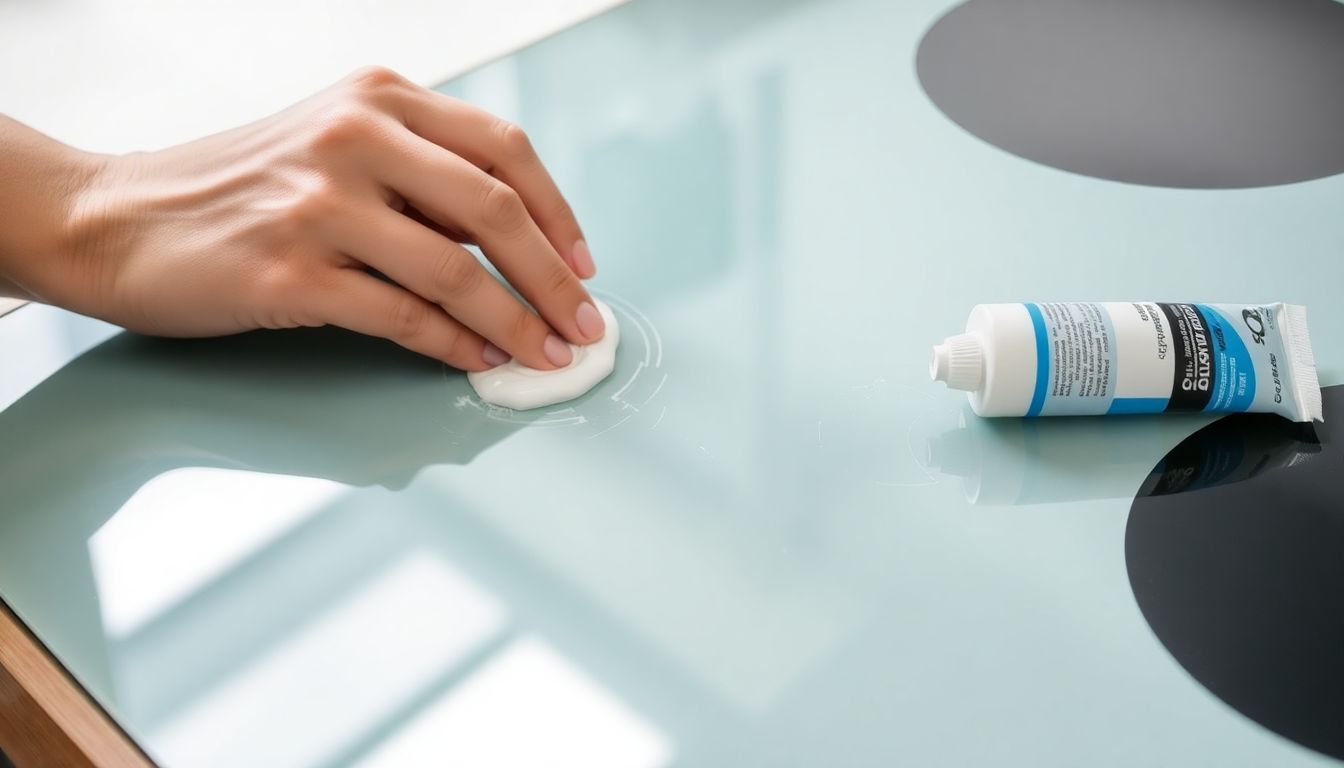 Nahaufnahme von Händen, die eine Spezialpaste auf Kratzer in einem Ceranfeld auftragen, um diese zu entfernen.