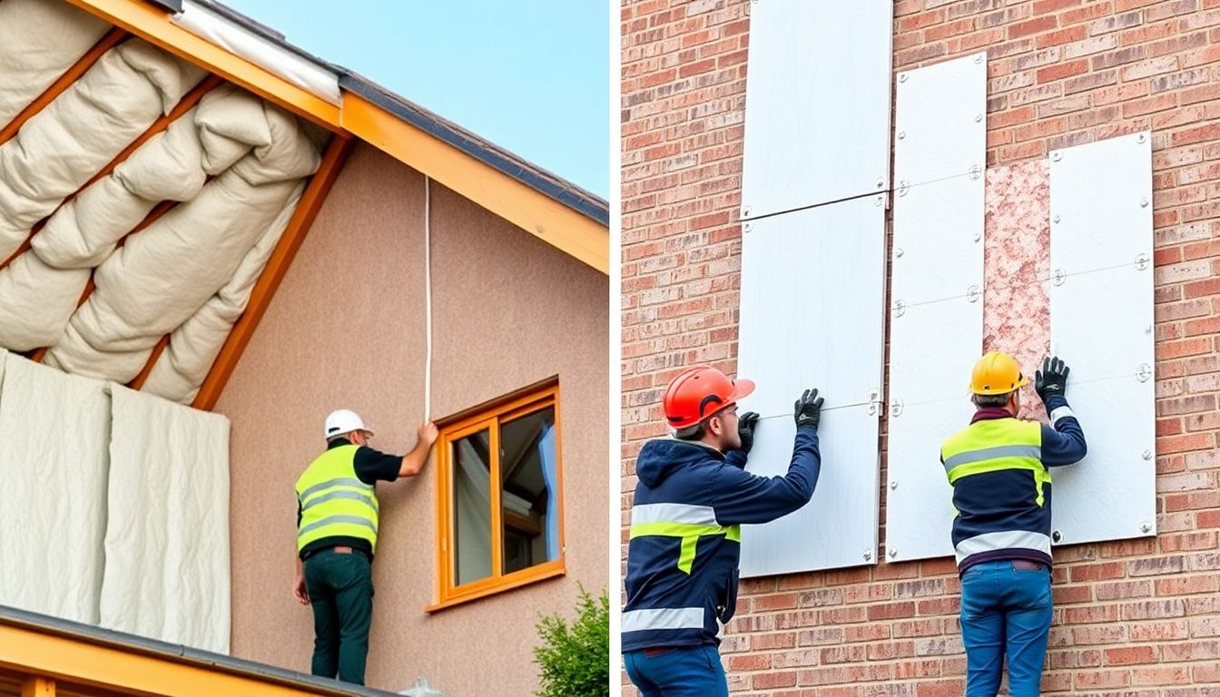 Vergleich von Dachdämmung und Fassadendämmung: Links ist die Dämmung zwischen den Dachsparren zu sehen, rechts werden Dämmplatten an einer Außenwand angebracht. Fachkräfte führen die Arbeiten aus.