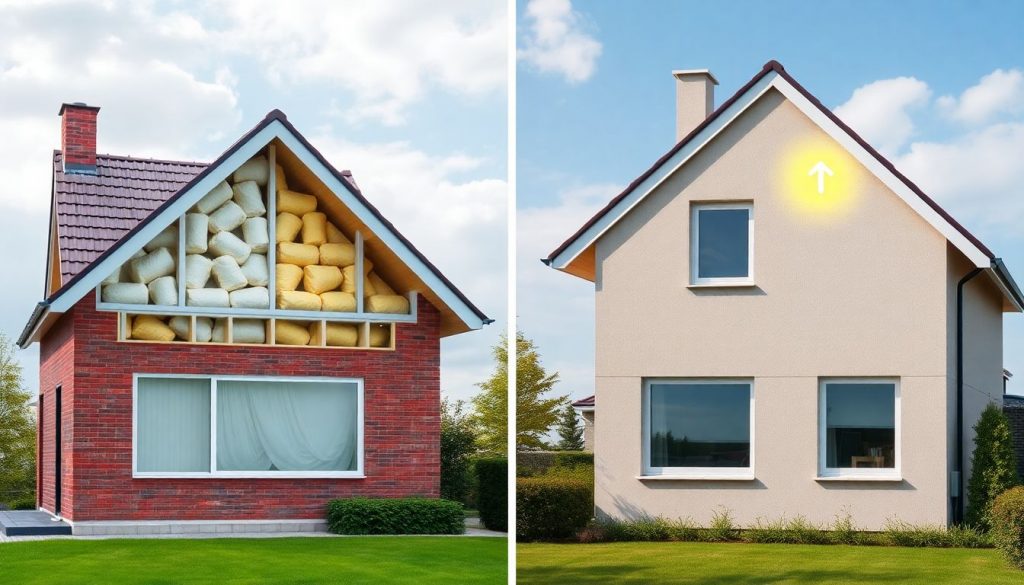 Vergleichsbild Dachdämmung und Fassadendämmung an einem Haus. Links wird Dämmmaterial auf einem Dach angebracht, rechts werden Dämmplatten an einer Hauswand montiert. Beide Seiten zeigen Symbole für Energieeffizienz.