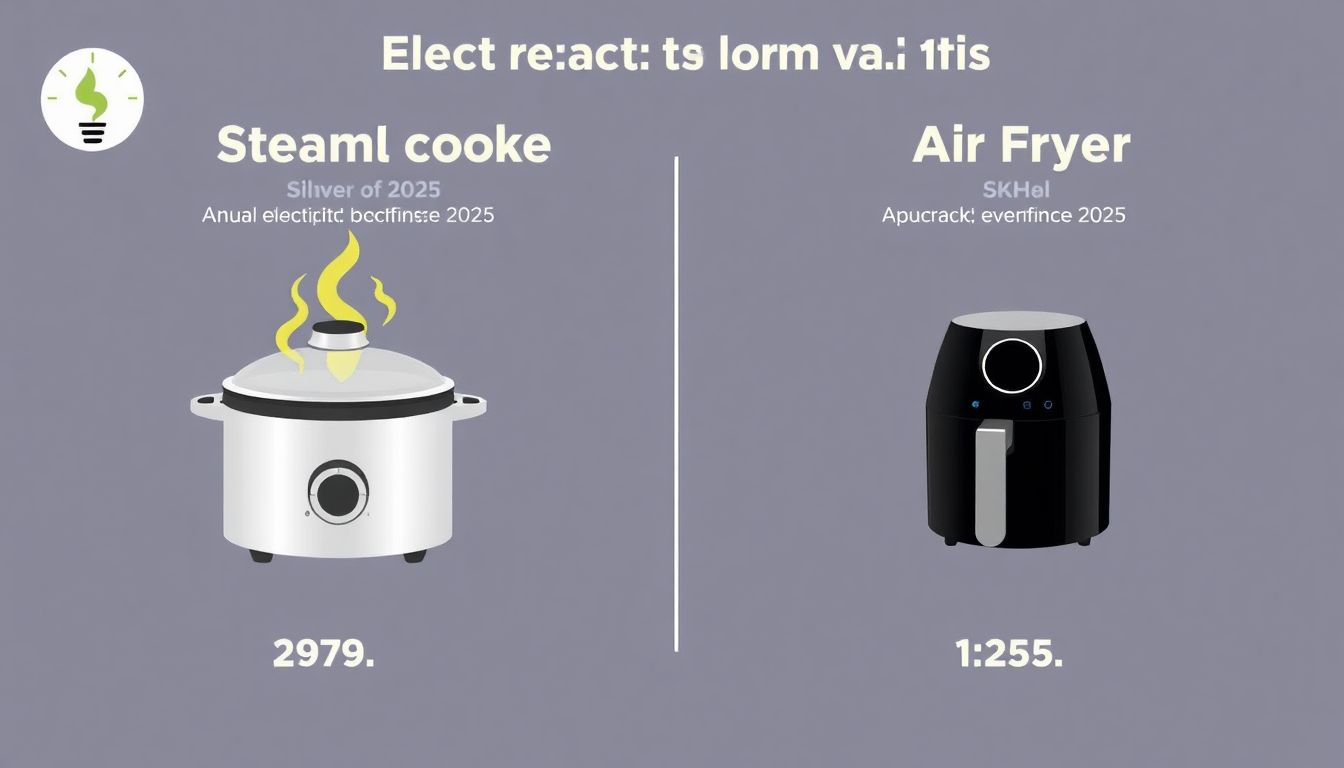 Infografik zum Stromverbrauch im Jahresvergleich 2025: Dampfgarer vs. Heißluftfritteuse mit Verbrauchsdaten in kWh.