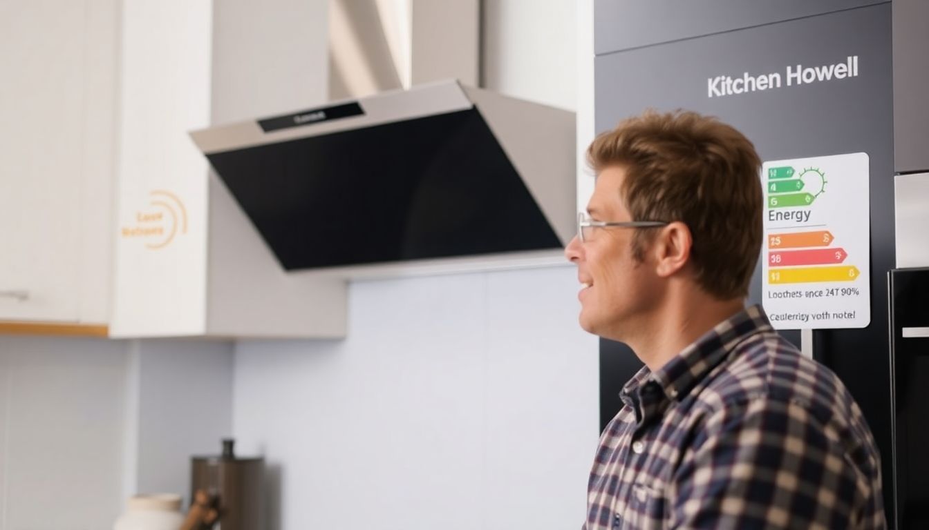 Eine Person betrachtet nachdenklich eine laute Dunstabzugshaube, während daneben ein neues, leises Modell mit Hinweisen auf Geräuschpegel und Energieeffizienz zu sehen ist.