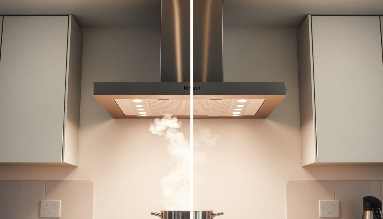 Moderne Dunstabzugshaube in einer hellen Küche mit leiser Ablufttechnologie und Dampfentwicklung beim Kochen