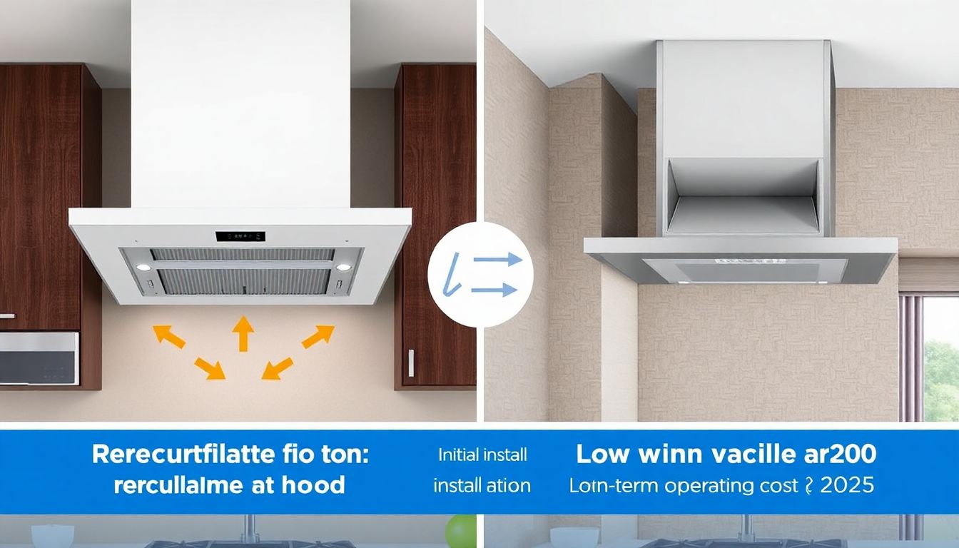 Gegenüberstellung einer Dunstabzugshaube mit Umluft (links, mit Aktivkohlefiltern) und Abluft (rechts, mit Außenabführung) in einer modernen Küche. Eine Infografik vergleicht Einbau- und Betriebskosten für das Jahr 2025.