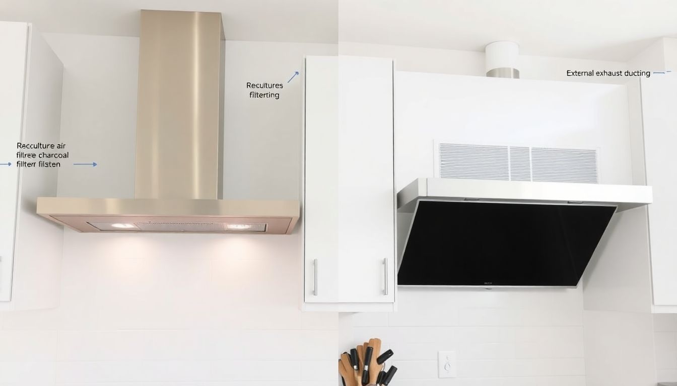 Eine moderne Dunstabzugshaube in einer Mietwohnungsküche, die die Unterschiede zwischen Umluft- und Abluftsystem zeigt.