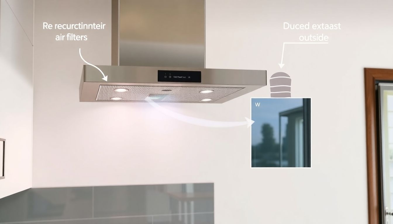Grafische Darstellung einer Dunstabzugshaube im Umluft- und Abluftbetrieb in einer modernen Mietküche.