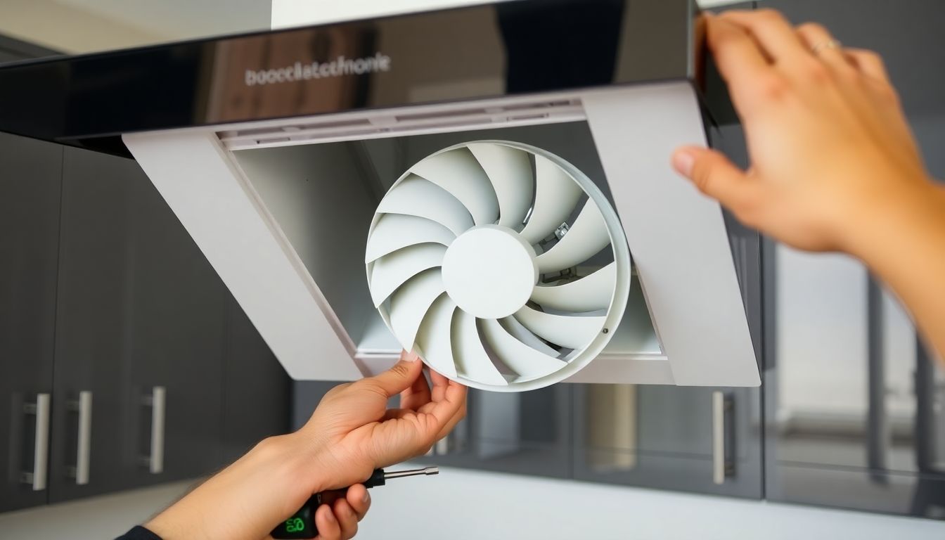 Nahaufnahme einer Dunstabzugshaube, bei der ein Lüftermotor für 40 Euro ausgetauscht wird.