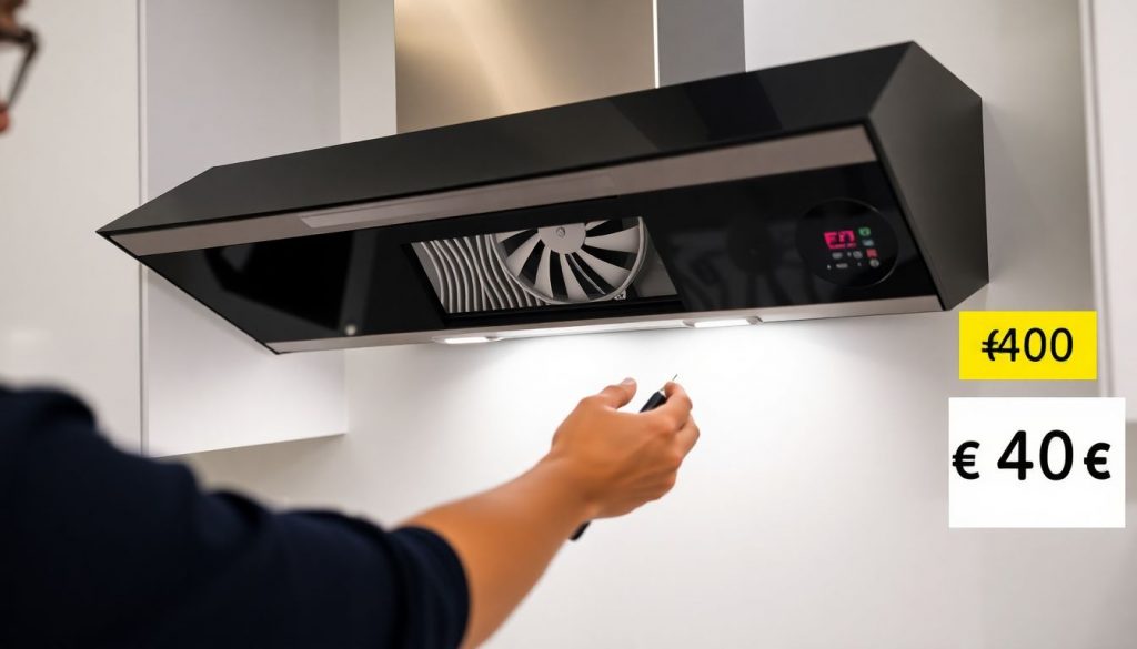 Eine Person tauscht den lauten Lüfter einer Dunstabzugshaube gegen einen leiseren aus, daneben liegt ein Preisschild mit 40€.