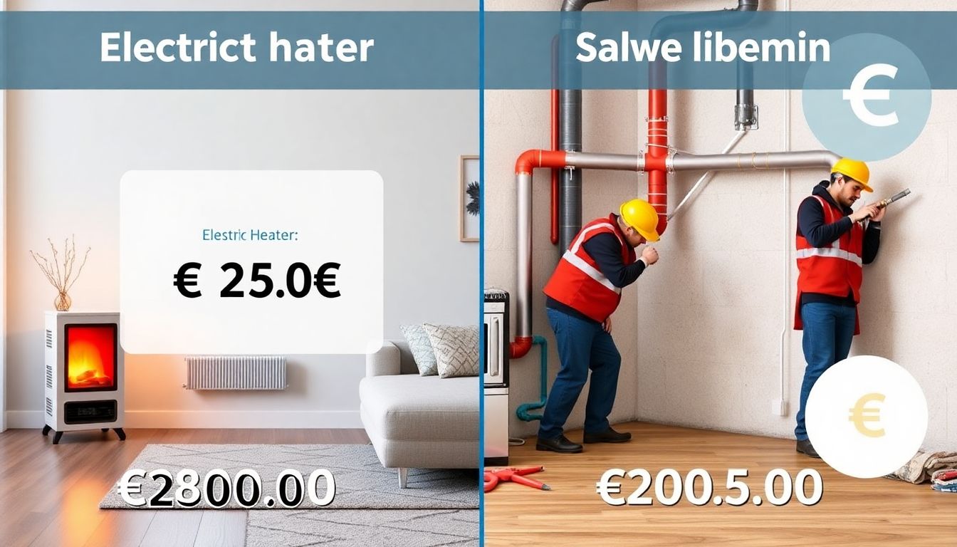 Grafische Gegenüberstellung: Links ein Elektroheizkörper im Wohnzimmer mit Kostenberechnung für zwei Winter. Rechts Handwerker bei der Verlegung eines Gasanschlusses mit Kostenvergleich. Infografik mit Euro-Zeichen und Zahlen.