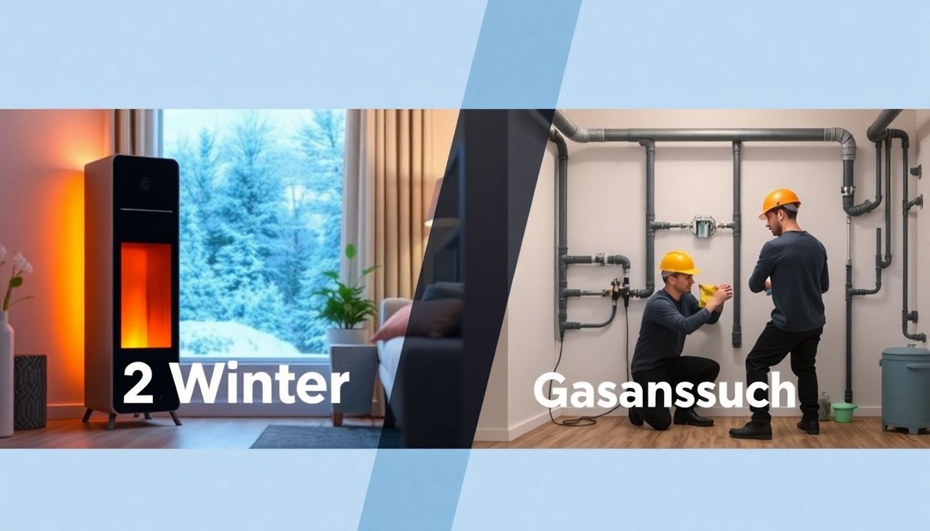 Header-Bild: Vergleich Elektroheizung für zwei Winter und vorzeitiger Gasanschluss. Links ein elektrischer Heizkörper in einem Wohnzimmer, rechts die Installation einer Gasleitung.