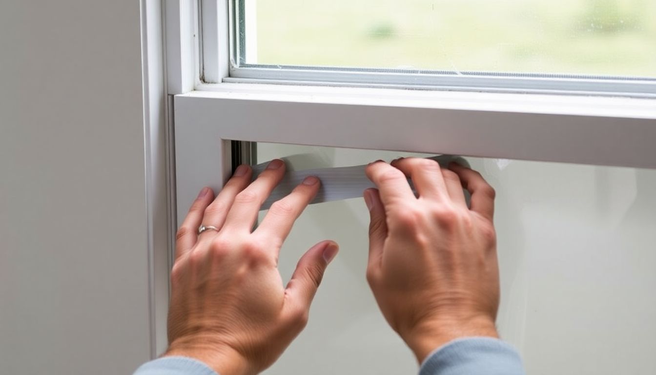 Hand dichtet Fensterrahmen mit Dichtungsband ab, um Zugluft zu verhindern.