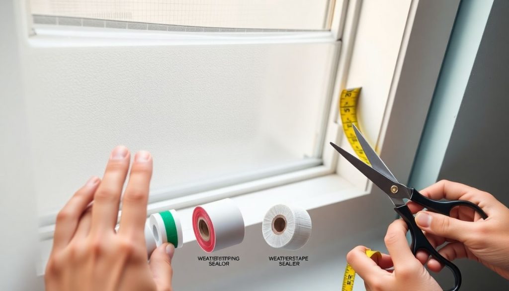 Detailaufnahme einer Fensterabdichtung mit Dichtungsband, verschiedene Dichtungsbänder im Vergleich, Hände bei der Montage, Werkzeuge wie Schere und Maßband sichtbar