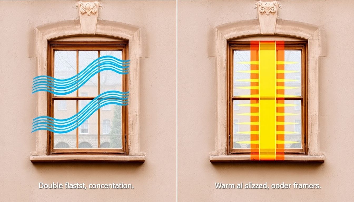 Vergleich: Links ein historisches Fenster mit Kältebrücken und Kondenswasser, rechts ein gedämmtes Kastenfenster mit verbesserter Energieeffizienz in einer denkmalgeschützten Fassade.
