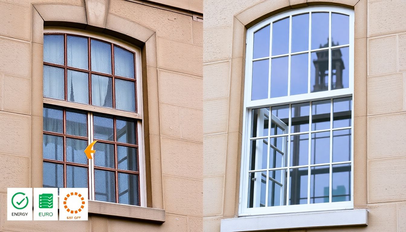 Vergleich: Alte Fenster mit Energieverlust versus neue gedämmte Kastenfenster an einem denkmalgeschützten Gebäude mit Kosten- und Energieeffizienz-Symbolen