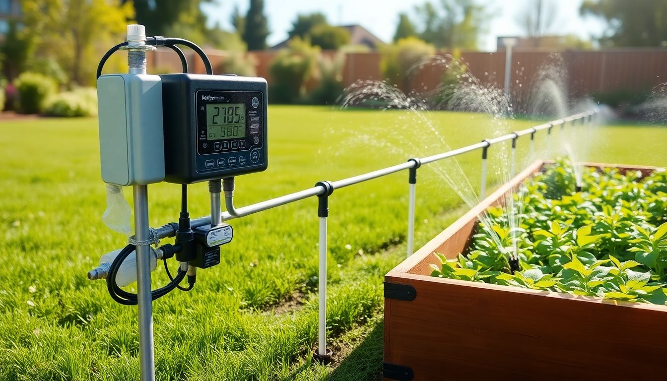 Smartes Gartenbewässerungssystem mit moderner Steuerung, Tropfbewässerungsschläuchen und Sprinklern auf einem saftig grünen Rasen und Hochbeet, das Automatisierungskomponenten wie Zeitschaltuhren und Sensoren zeigt, alles bei hellem Sonnenlicht.