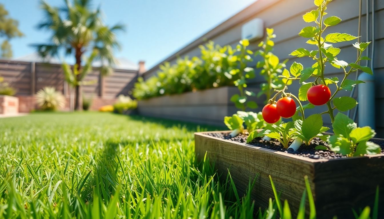 Moderne Gartenbewässerung: Ein Rasensprenger bewässert einen grünen Rasen, im Hochbeet tropft eine Bewässerungsleitung auf Tomatenpflanzen. Ein kleiner smarter Steuerungscomputer ist an der Hauswand zu sehen.