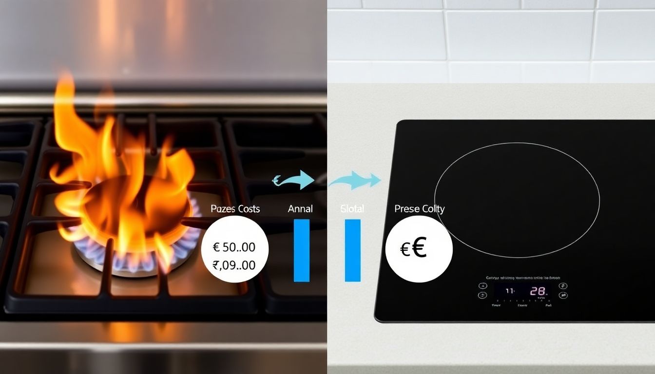Vergleich zwischen altem Gasherd und neuem Induktionsherd mit Gegenüberstellung von Anschaffungskosten und jährlicher Stromersparnis.