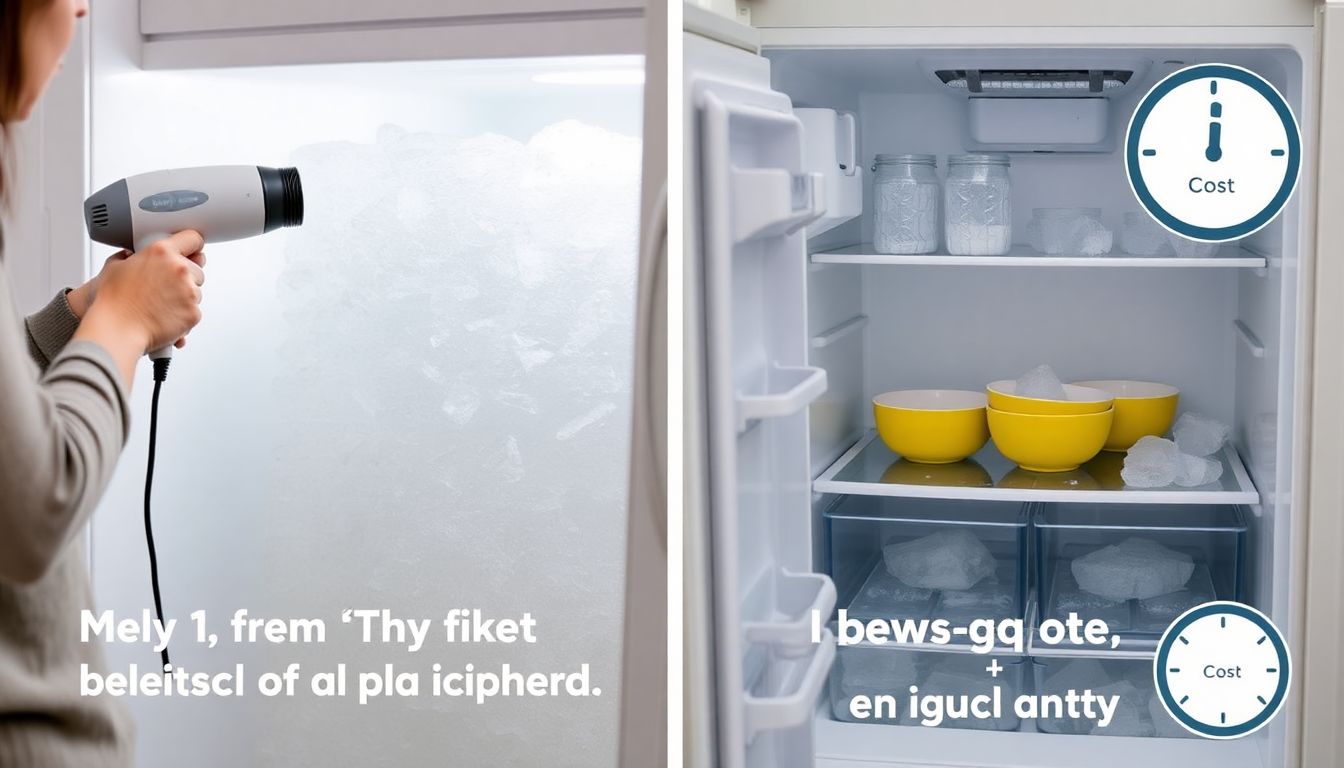 Grafische Gegenüberstellung: Schnell-Methode mit Föhn und klassische Abtau-Methode mit heißem Wasser für einen Gefrierschrank. Ein kleiner Stromzähler visualisiert den Kosten-Effekt.