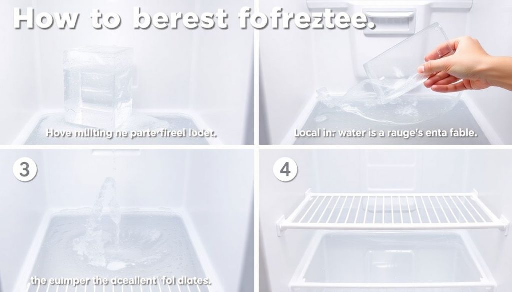 Illustration einer Schritt-für-Schritt Anleitung zum schnellen und einfachen Abtauen eines Gefrierschranks