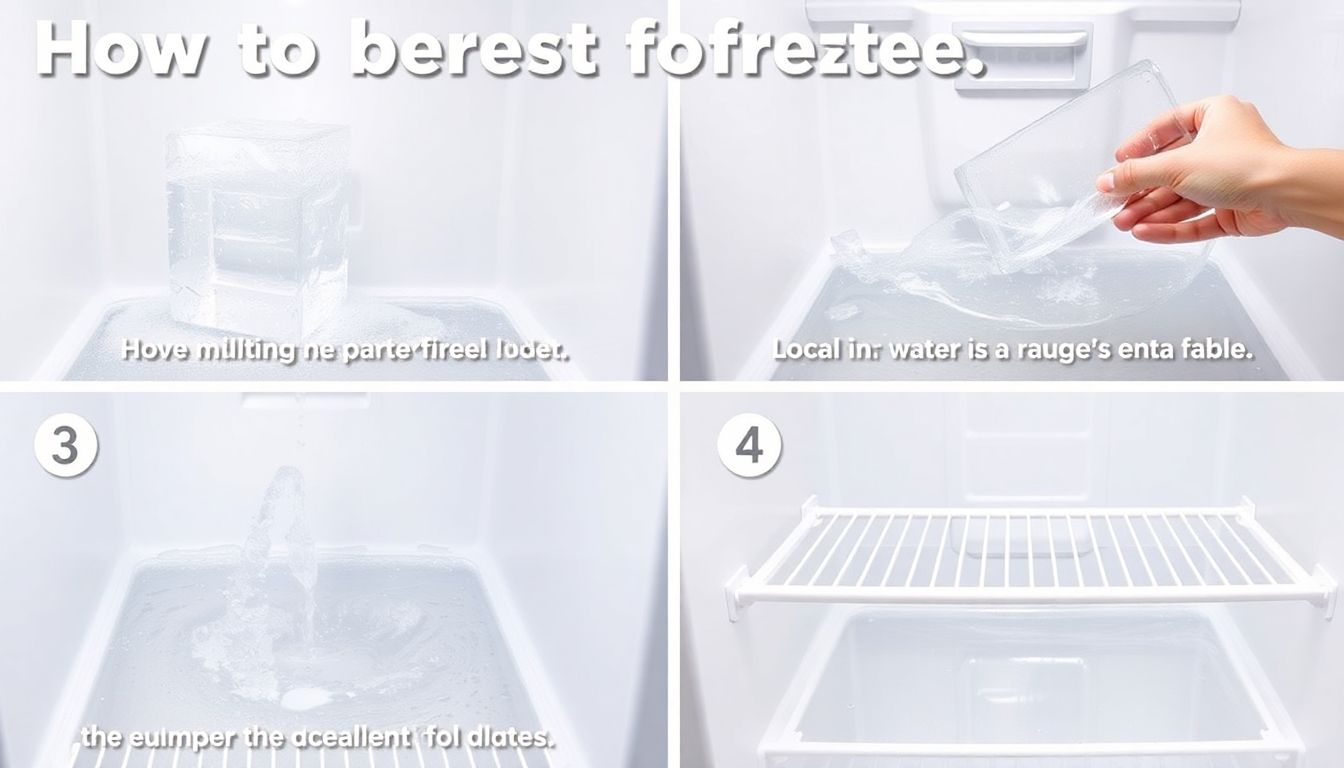 Illustration einer Schritt-für-Schritt Anleitung zum schnellen und einfachen Abtauen eines Gefrierschranks