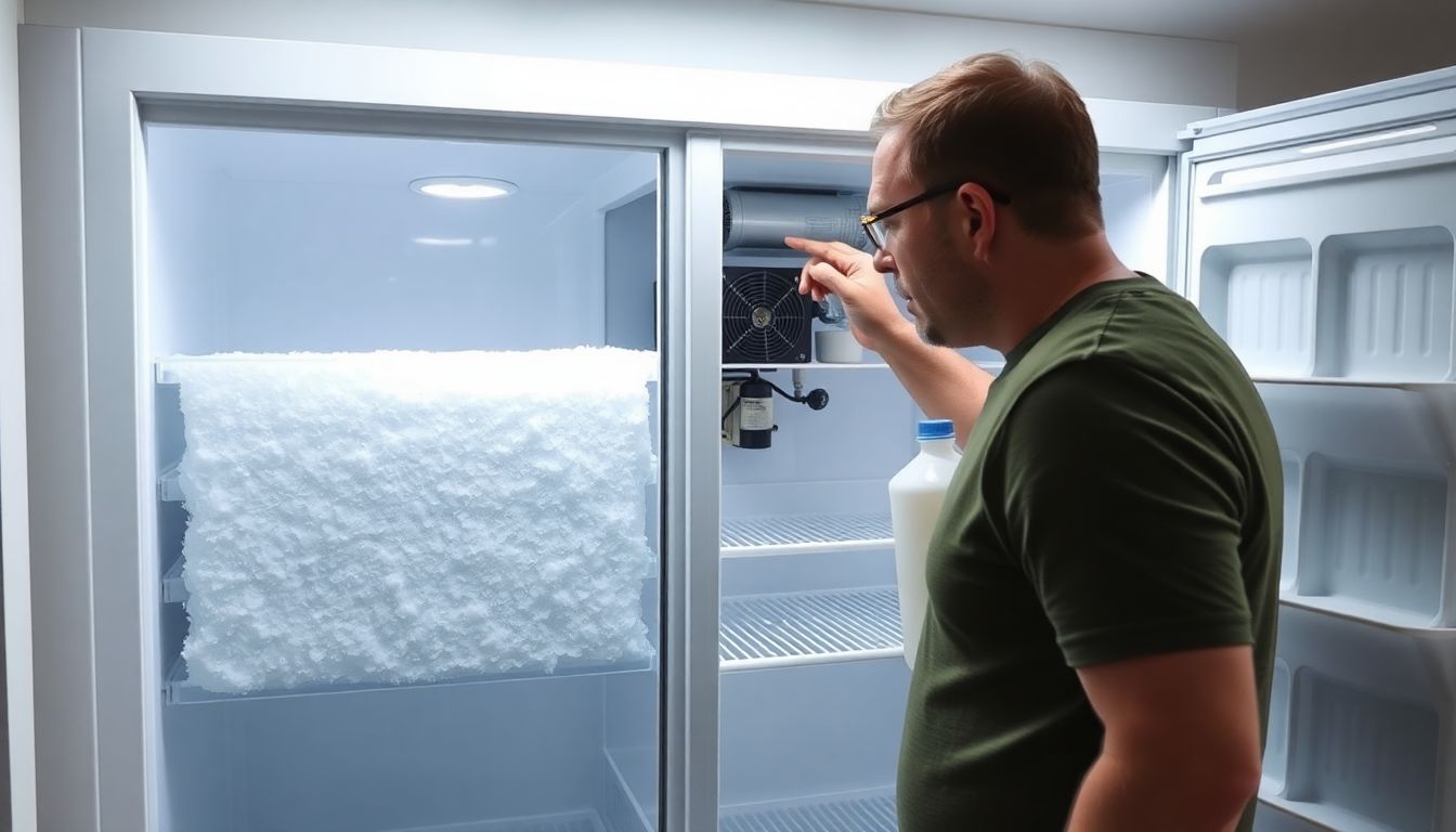 Gefrierschrank mit Vereisung nur auf einer Seite, Kompressor im Hintergrund, Person prüft Temperatur oder füllt Kältemittel nach.