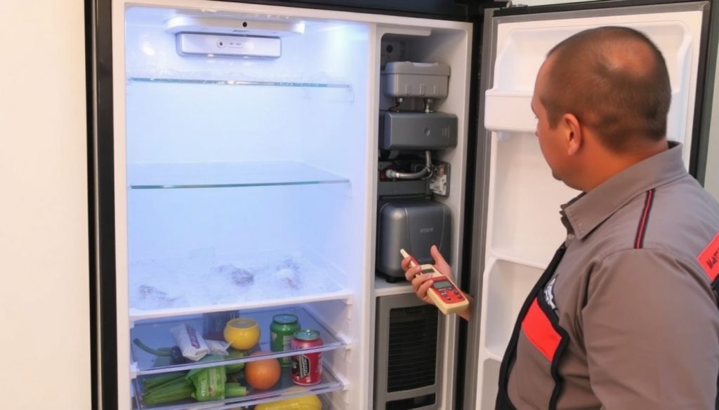 Gefrierschrank, bei dem nur die obere Hälfte vereist ist, während ein Techniker den Kompressor überprüft.