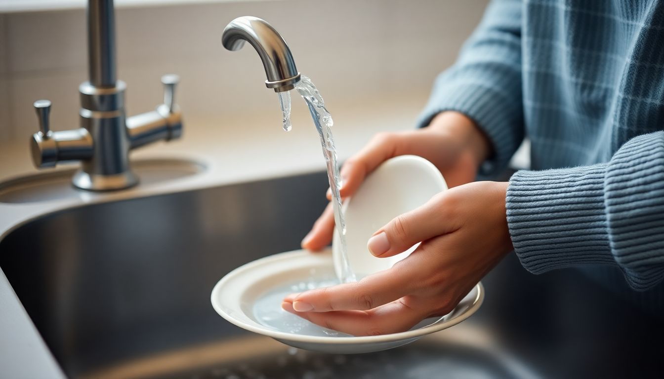 Eine Person spült Geschirr mit der Hand vor, bevor es in die Spülmaschine kommt. Der Fokus liegt auf dem Wasserfluss aus dem Hahn auf einen Teller.