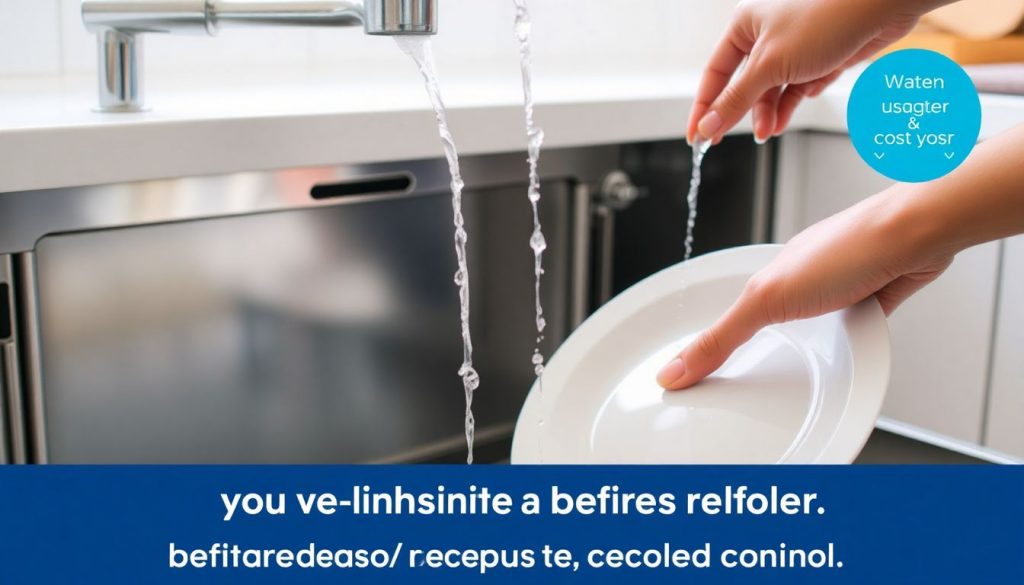 Eine Hand spült einen Teller unter dem Wasserhahn ab, während ein Geschirrspüler daneben steht. Illustration zum Thema Vorspülen von Geschirr und Wasserverbrauch.