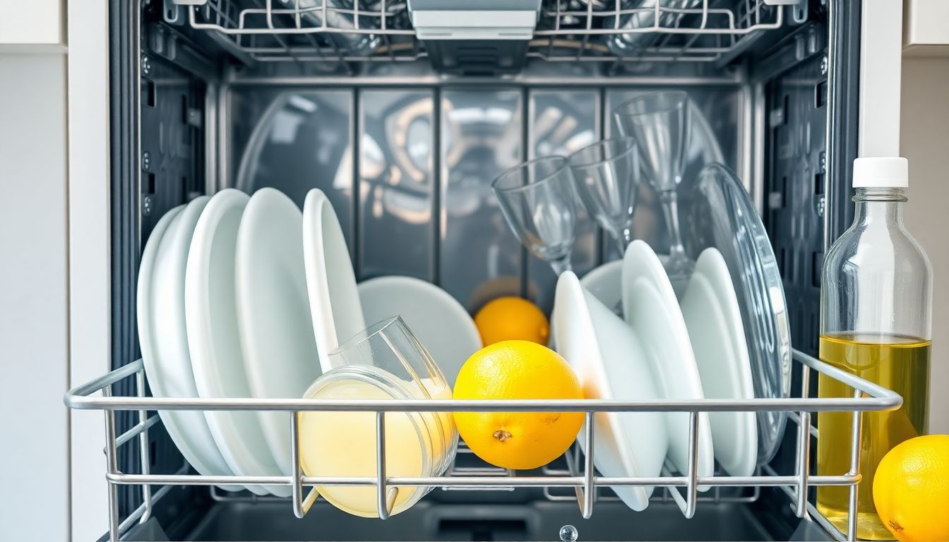 Header-Bild für den Artikel 'Geschirrspüler entkalken mit Zitronensäure oder Essig: Was ist besser?' zeigt das Innere eines sauberen Geschirrspülers.