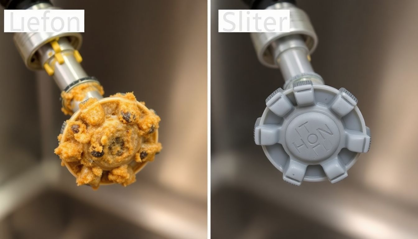 Vergleich einer verschmutzten und einer sauberen Sprüharm-Düse in einem Geschirrspüler