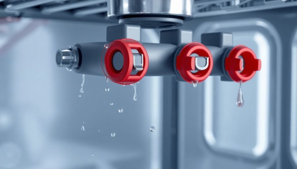 Detailaufnahme eines Geschirrspüler-Sprüharms mit vier hervorgehobenen Düsen, die auf Fettablagerungen und Verstopfungen überprüft werden müssen.