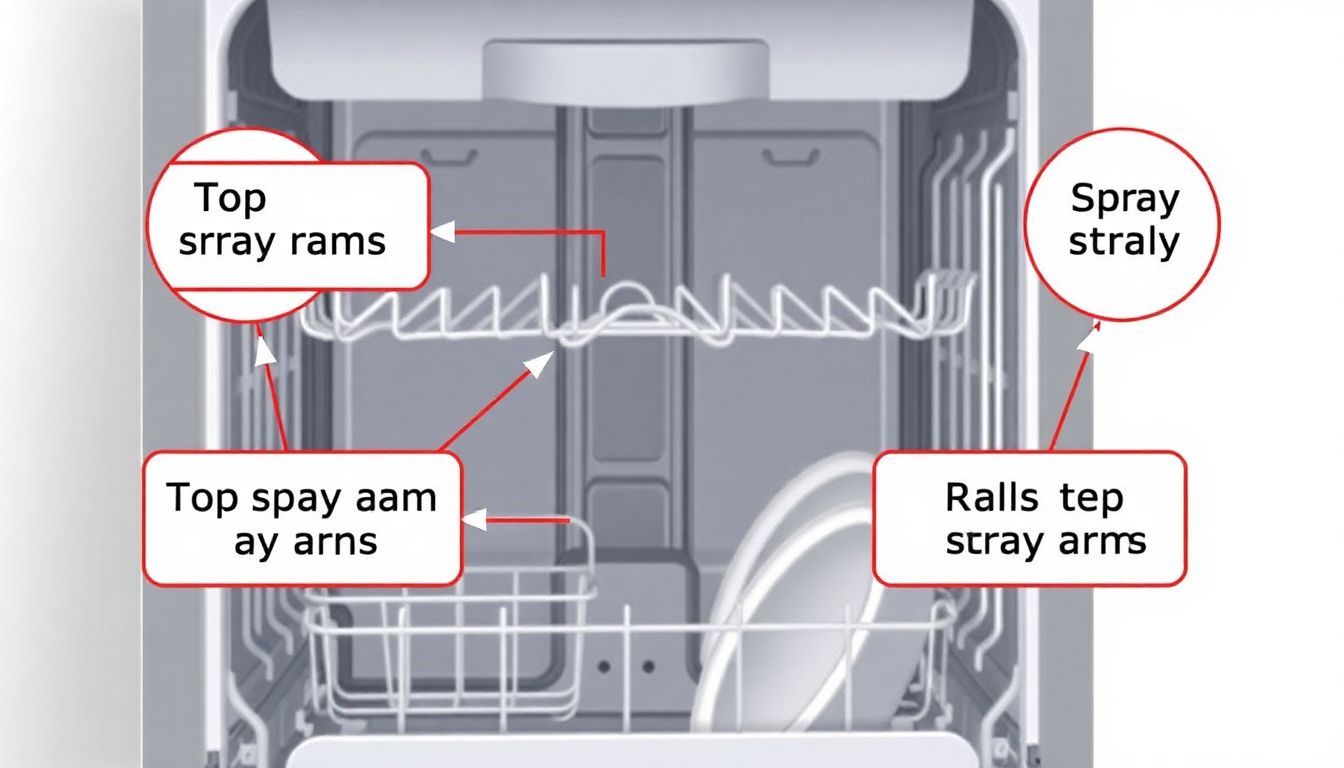 Illustration eines Geschirrspülers mit hervorgehobenen Sprüharmen: oberer, mittlerer und unterer Sprüharm.