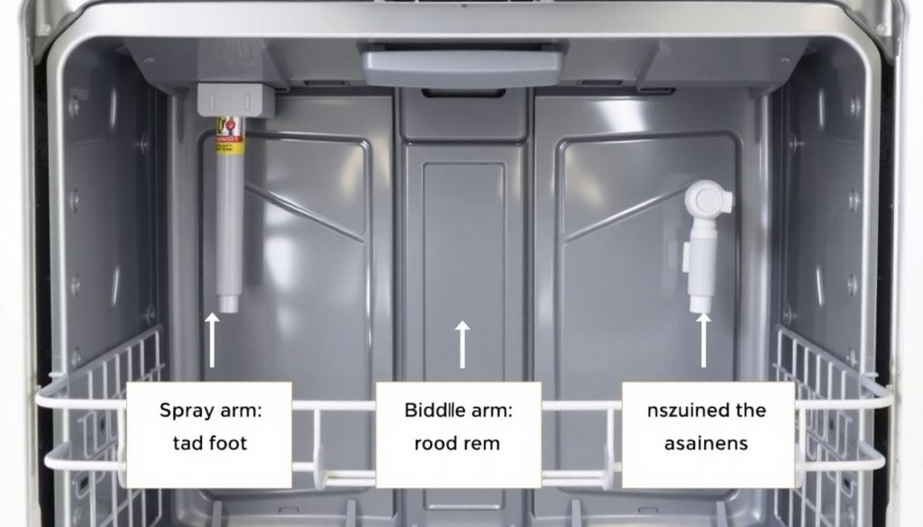 Schematische Darstellung eines Geschirrspülers mit hervorgehobenen, defekten Sprüharmen.