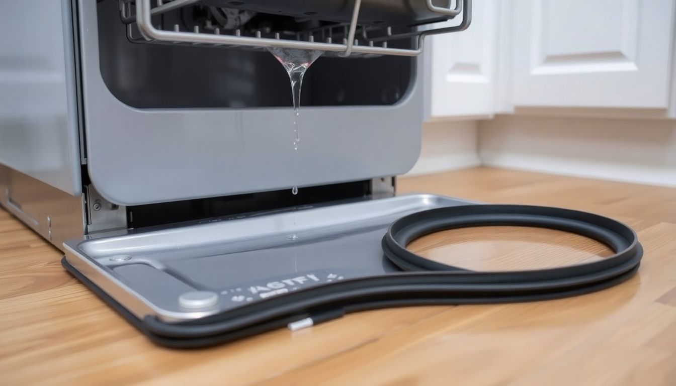 Geschirrspüler, aus dem unten Wasser tropft, daneben liegt eine neue Dichtung als Ersatzteil.