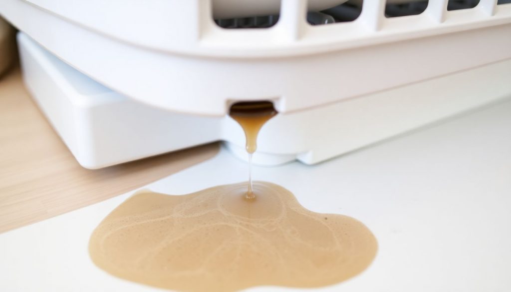 Geschirrspüler mit Wassertropfen unten, defekte Dichtung die ausgetauscht werden muss, Reparaturmotiv.