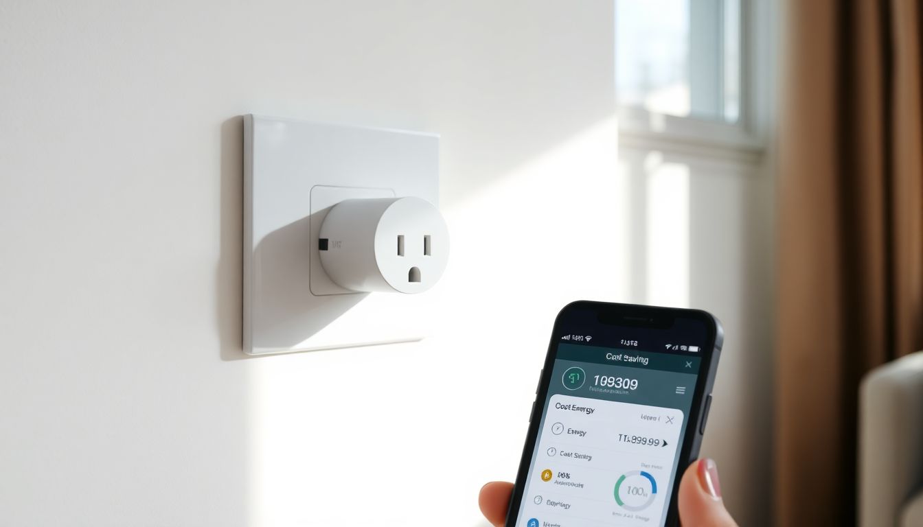 Eine smarte Steckdose in einer weißen Wandsteckdose, daneben ein Smartphone mit einer Energieverbrauchs-App.