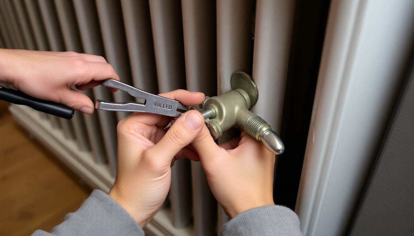 Eine Person entlüftet einen Heizkörper mit improvisierten Werkzeugen wie einer Zange oder einer Münze, während Luftblasen aus dem Ventil entweichen.