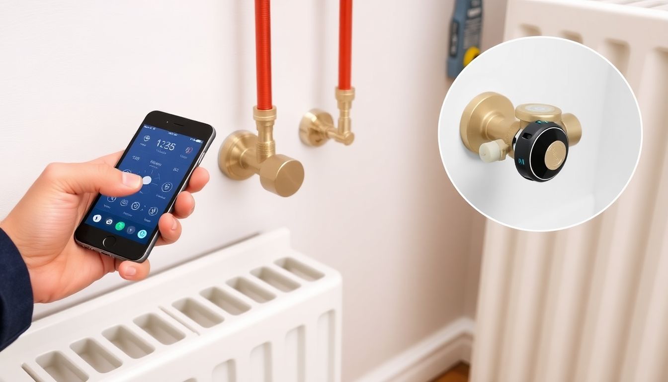 Moderne Heizungsanlage mit smarten Heizkörperthermostaten, eine Person justiert die Einstellungen per Smartphone-App, Nahaufnahme der Ventilanzeige und Werkzeuge für den hydraulischen Abgleich.