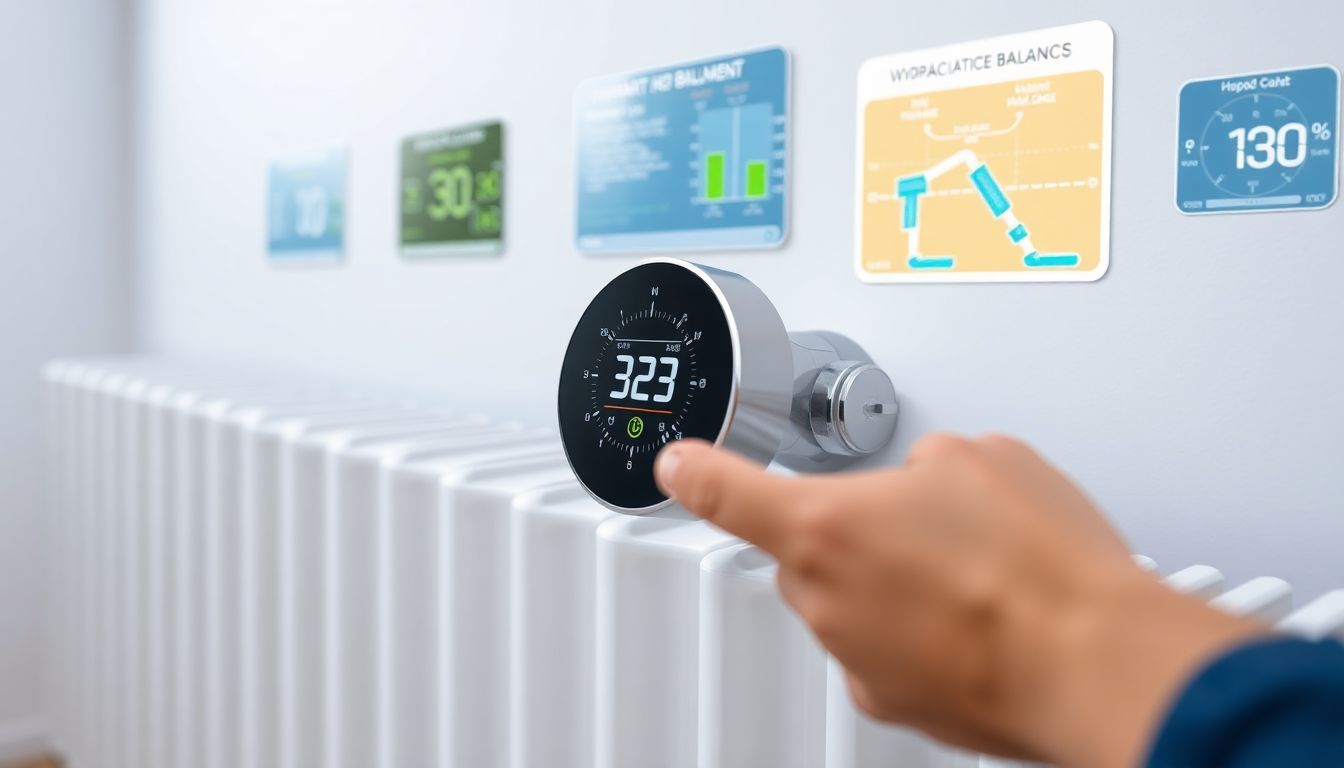 Header-Bild: Nahaufnahme eines smarten Heizkörperventils bei der Einstellung an einem weißen Heizkörper, zum Thema Heizungsoptimierung und hydraulischer Abgleich