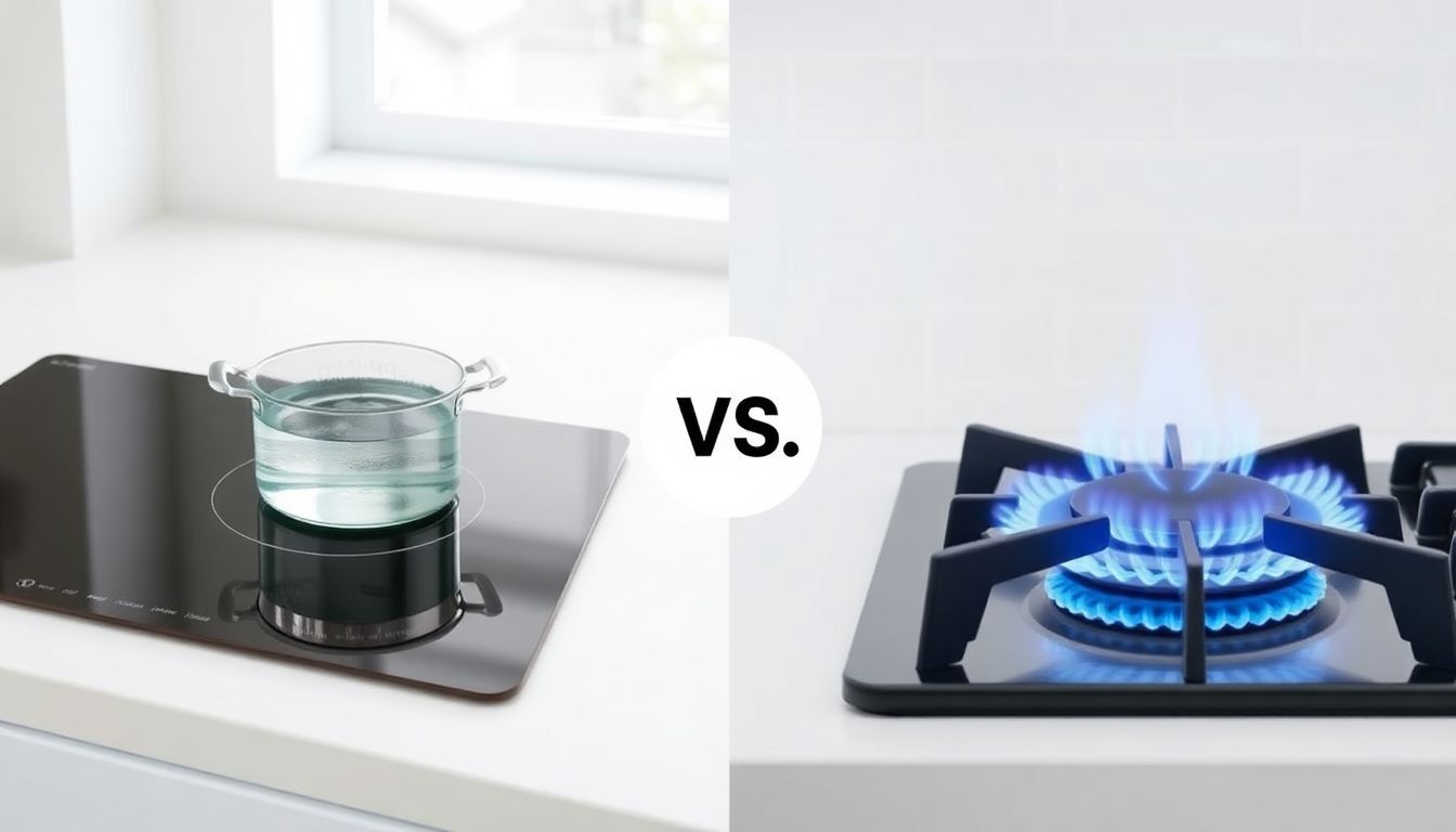 Gegenüberstellung eines Induktionsherds und eines Gasherds in einer modernen Küche. Links ein Induktionskochfeld mit einem schnell kochenden Topf, rechts ein Gasherd mit blauer Flamme unter einem Topf. Visuelle Hinweise auf Energieverbrauch sind angedeutet.