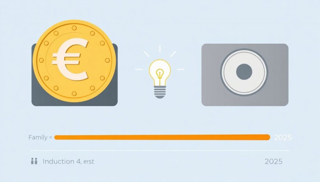 Infografik: Kostenvergleich zwischen Induktionsherd und Gasherd für einen 4-Personen-Haushalt im Jahr 2025. Ein modernes, sauberes Küchendesign zeigt beide Herdarten mit einem Euro-Symbol und einem Balkendiagramm der Stromkosten.