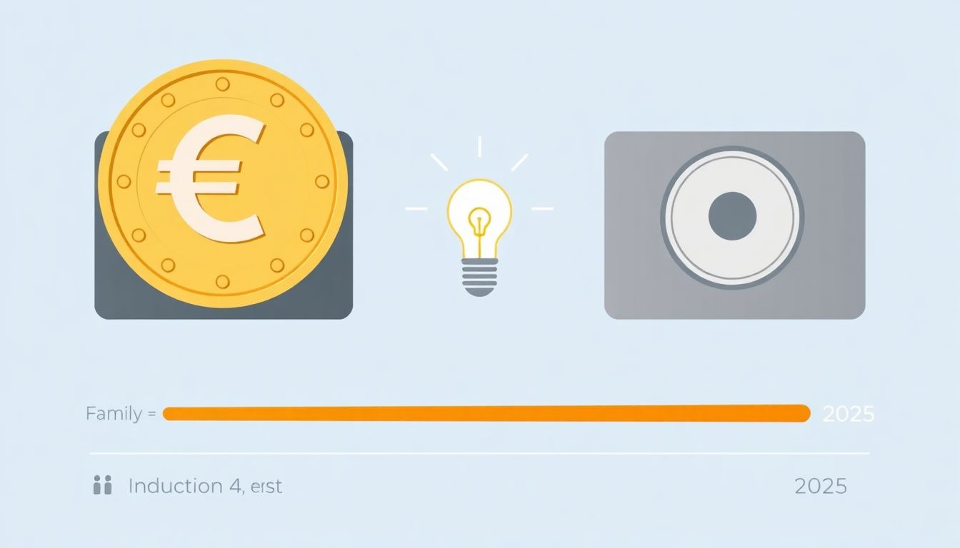 Infografik: Kostenvergleich zwischen Induktionsherd und Gasherd für einen 4-Personen-Haushalt im Jahr 2025. Ein modernes, sauberes Küchendesign zeigt beide Herdarten mit einem Euro-Symbol und einem Balkendiagramm der Stromkosten.