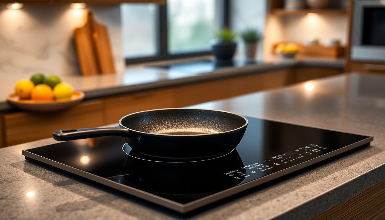 Ein modernes Induktionskochfeld mit einer darauf stehenden Gusseisenpfanne in einer hellen Küche.